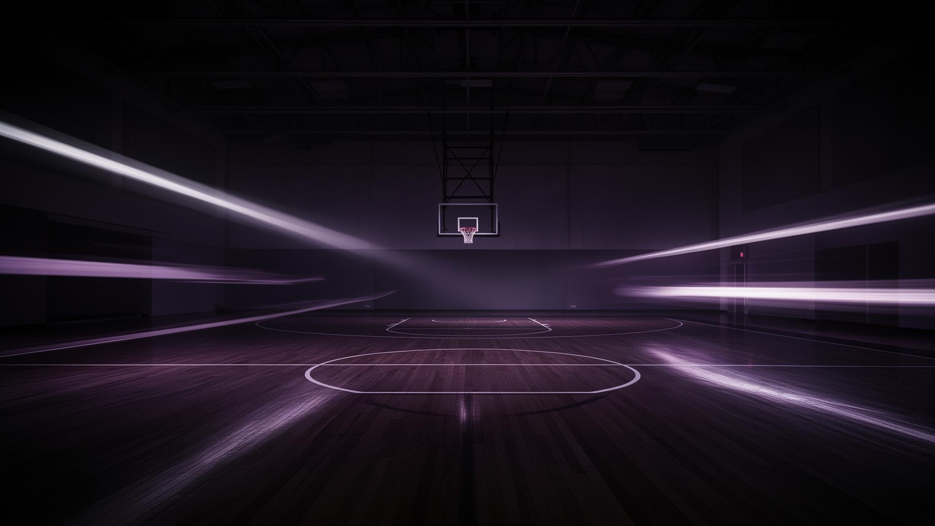 Empty basketball court lit with purple light streaks